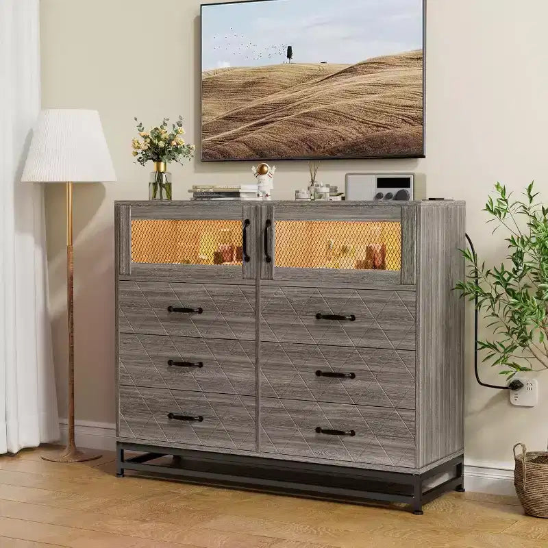 Acekool Cassettiera a 6 cassetti con mobiletto a 2 ante, Comò alto con stazione di ricarica, Mobile contenitore moderno per camera da letto, soggiorno, ingresso, ripostiglio