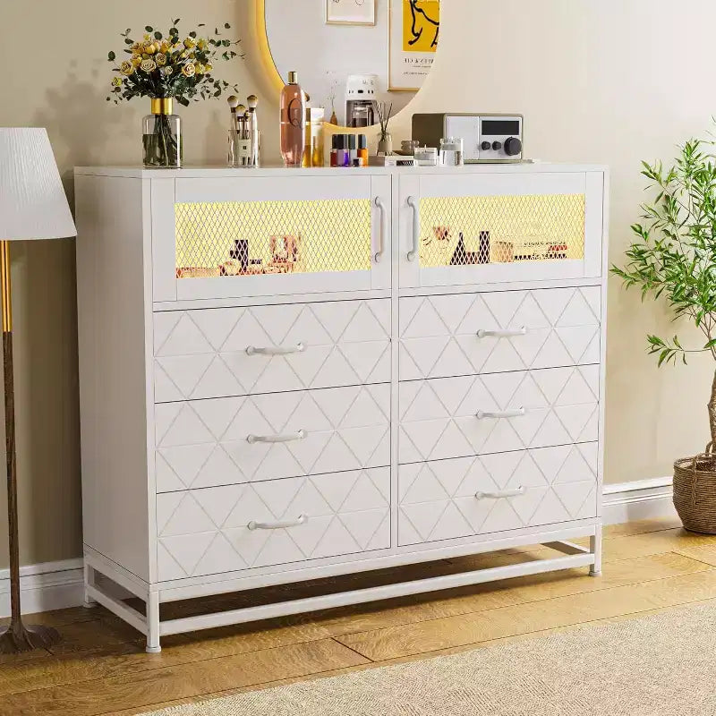 Acekool Cassettiera a 6 cassetti con mobiletto a 2 ante, Comò alto con stazione di ricarica, Mobile contenitore moderno per camera da letto, soggiorno, ingresso, ripostiglio