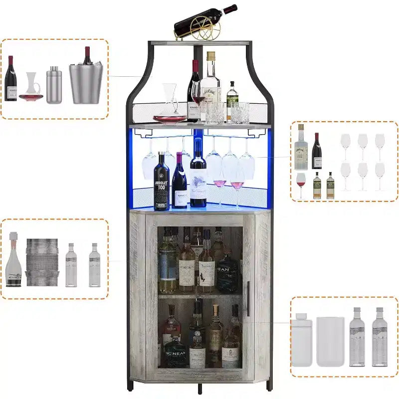 Mobile angolare da bar, mobile da vino industriale con ripiano regolabile, mobile per liquori a 5 livelli, mobile da bar per la casa, vetrina angolare