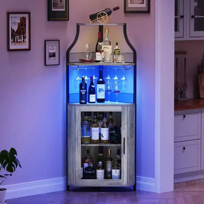 Mobile angolare da bar, mobile da vino industriale con ripiano regolabile, mobile per liquori a 5 livelli, mobile da bar per la casa, vetrina angolare