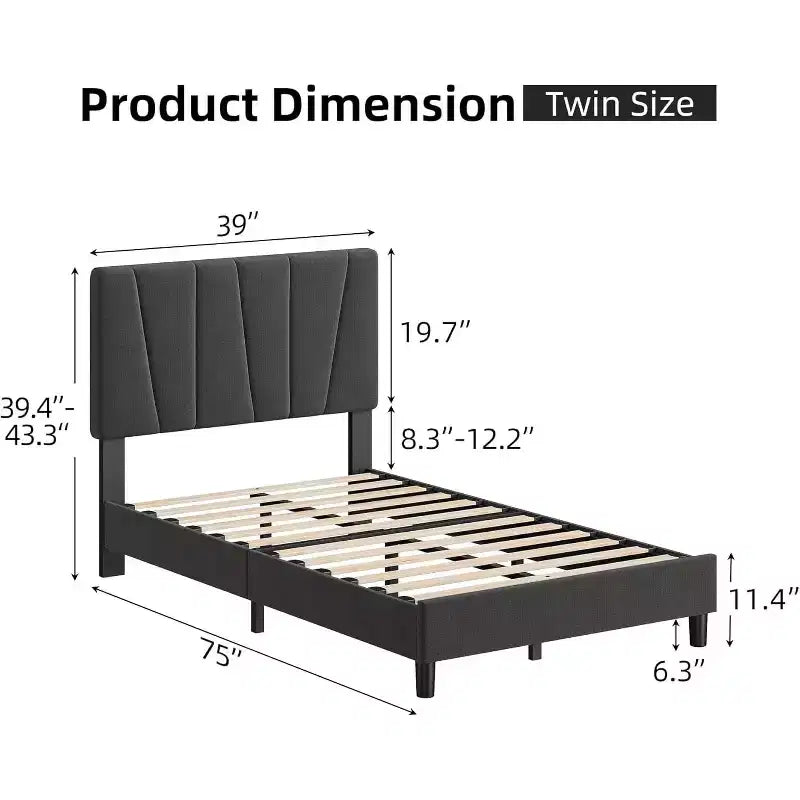 Struttura Letto Singolo con Testiera Regolabile, Struttura Letto Imbottita in Lino con Robuste Doghe in Legno, Base Materasso, Grigio Scuro