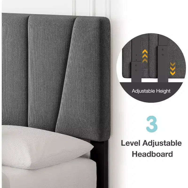 Struttura Letto Singolo con Testiera Regolabile, Struttura Letto Imbottita in Lino con Robuste Doghe in Legno, Base Materasso, Grigio Scuro