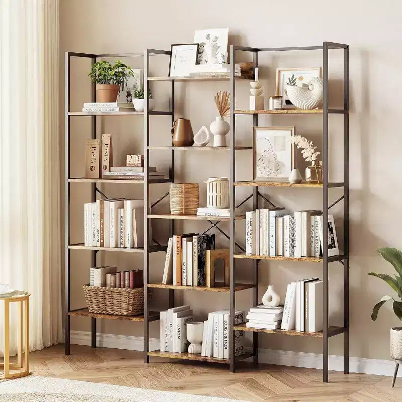 Acekool Scaffale a tre colonne a 5 ripiani, 14 ripiani regolabili, ampia libreria industriale per soggiorno, ufficio, marrone rustico