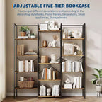 Acekool Scaffale a tre colonne a 5 ripiani, 14 ripiani regolabili, ampia libreria industriale per soggiorno, ufficio, marrone rustico