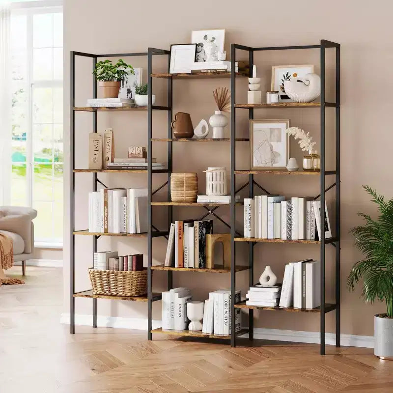 Acekool Scaffale a tre colonne a 5 ripiani, 14 ripiani regolabili, ampia libreria industriale per soggiorno, ufficio, marrone rustico