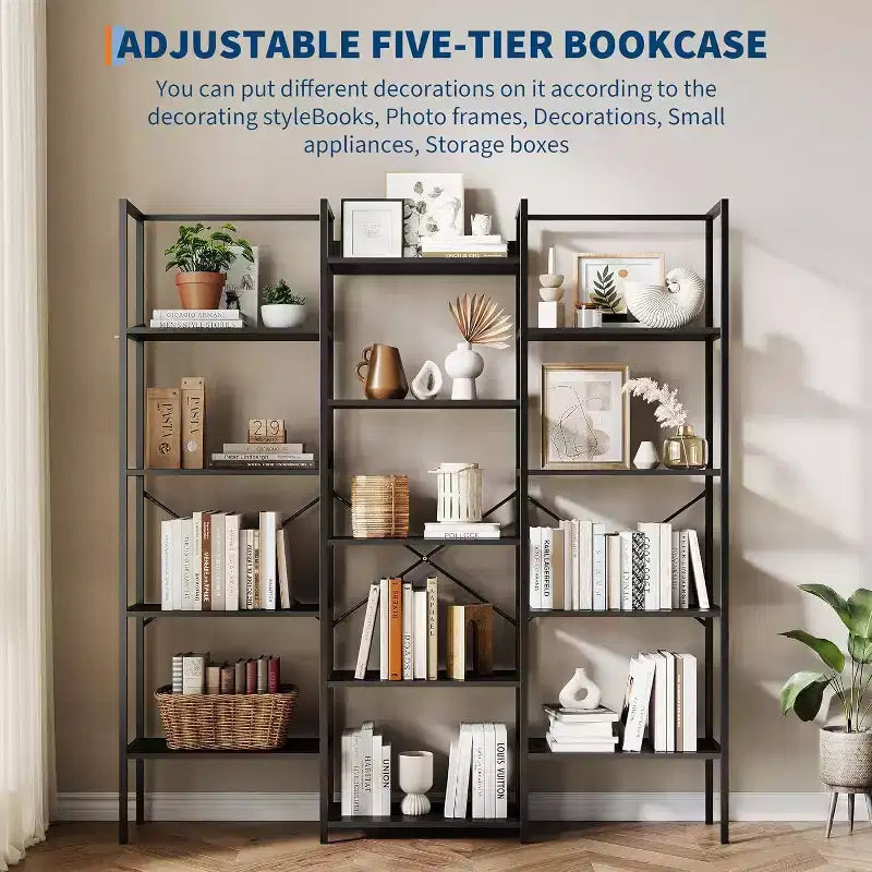 Acekool Scaffale a tre colonne a 5 ripiani, 14 ripiani regolabili, ampia libreria industriale per soggiorno, ufficio, marrone rustico