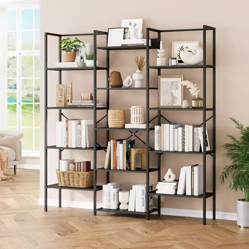 Acekool Scaffale a tre colonne a 5 ripiani, 14 ripiani regolabili, ampia libreria industriale per soggiorno, ufficio, marrone rustico