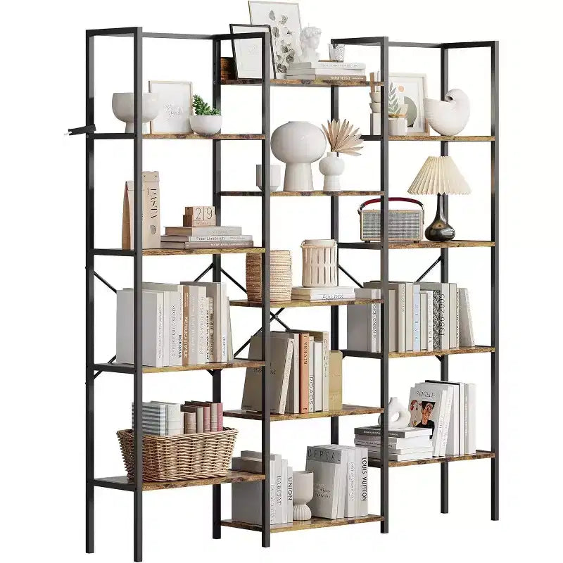 Acekool Scaffale a tre colonne a 5 ripiani, 14 ripiani regolabili, ampia libreria industriale per soggiorno, ufficio, marrone rustico