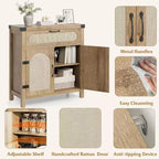29.9 Piccolo mobile buffet in rattan, Credenza da cucina/angolo caffè con ante e cassetti, ripiani regolabili e maniglie, Stile Boho Farmhouse