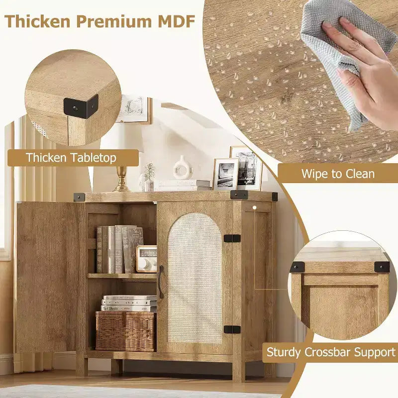 29.9 Piccolo mobile buffet in rattan, Credenza da cucina/angolo caffè con ante e cassetti, ripiani regolabili e maniglie, Stile Boho Farmhouse