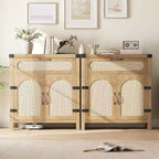 29.9 Piccolo mobile buffet in rattan, Credenza da cucina/angolo caffè con ante e cassetti, ripiani regolabili e maniglie, Stile Boho Farmhouse
