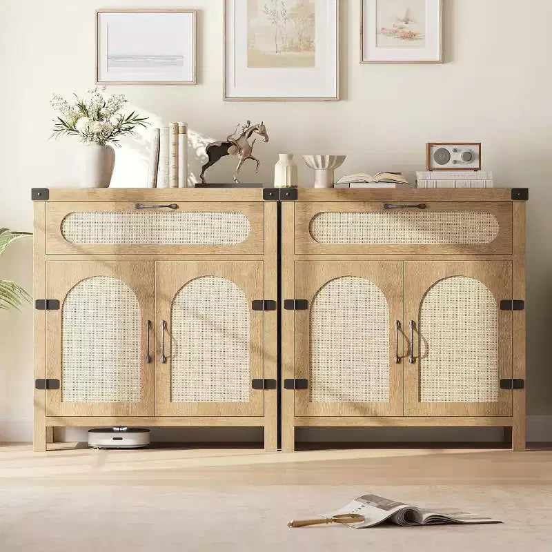 29.9 Piccolo mobile buffet in rattan, Credenza da cucina/angolo caffè con ante e cassetti, ripiani regolabili e maniglie, Stile Boho Farmhouse