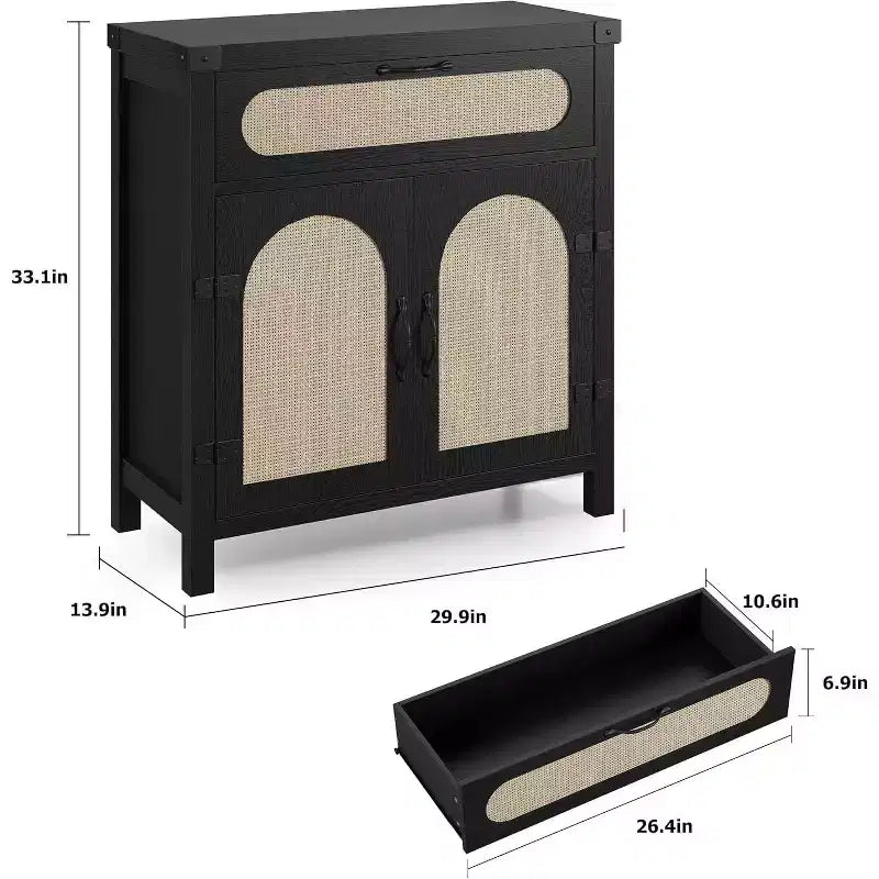 29.9 Piccolo mobile buffet in rattan, Credenza da cucina/angolo caffè con ante e cassetti, ripiani regolabili e maniglie, Stile Boho Farmhouse