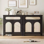 29.9 Piccolo mobile buffet in rattan, Credenza da cucina/angolo caffè con ante e cassetti, ripiani regolabili e maniglie, Stile Boho Farmhouse