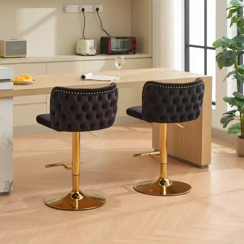 CLIHOME Set di 2 Sgabelli da Bar Girevoli Regolabili in Altezza con Base Dorata, Sgabelli da Bar Classici Rivestiti in Velluto