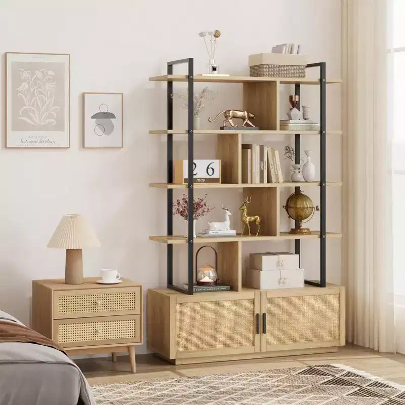 Libreria in Rattan, alta 71,1, scaffale industriale a 5 ripiani con mobiletto e anta, mensole a vista, struttura in metallo, scaffale in stile rustico/boho