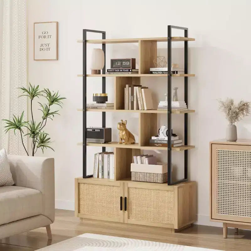 Libreria in Rattan, alta 71,1, scaffale industriale a 5 ripiani con mobiletto e anta, mensole a vista, struttura in metallo, scaffale in stile rustico/boho