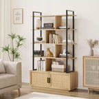 Libreria in Rattan, alta 71,1, scaffale industriale a 5 ripiani con mobiletto e anta, mensole a vista, struttura in metallo, scaffale in stile rustico/boho