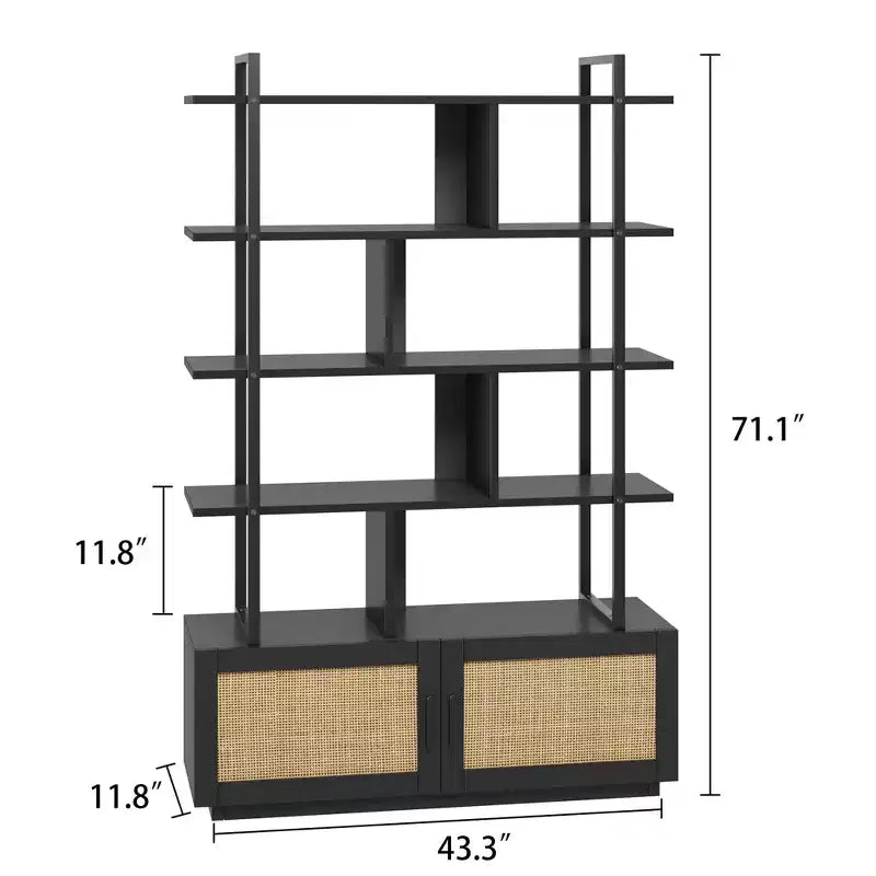 Libreria in Rattan, alta 71,1, scaffale industriale a 5 ripiani con mobiletto e anta, mensole a vista, struttura in metallo, scaffale in stile rustico/boho
