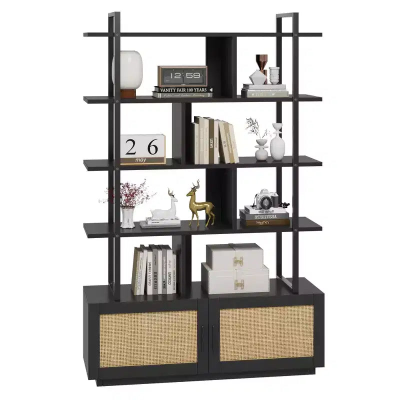 Libreria in Rattan, alta 71,1, scaffale industriale a 5 ripiani con mobiletto e anta, mensole a vista, struttura in metallo, scaffale in stile rustico/boho