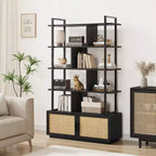 Libreria in Rattan, alta 71,1, scaffale industriale a 5 ripiani con mobiletto e anta, mensole a vista, struttura in metallo, scaffale in stile rustico/boho