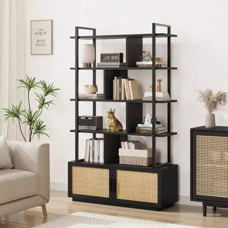 Libreria in Rattan, alta 71,1, scaffale industriale a 5 ripiani con mobiletto e anta, mensole a vista, struttura in metallo, scaffale in stile rustico/boho