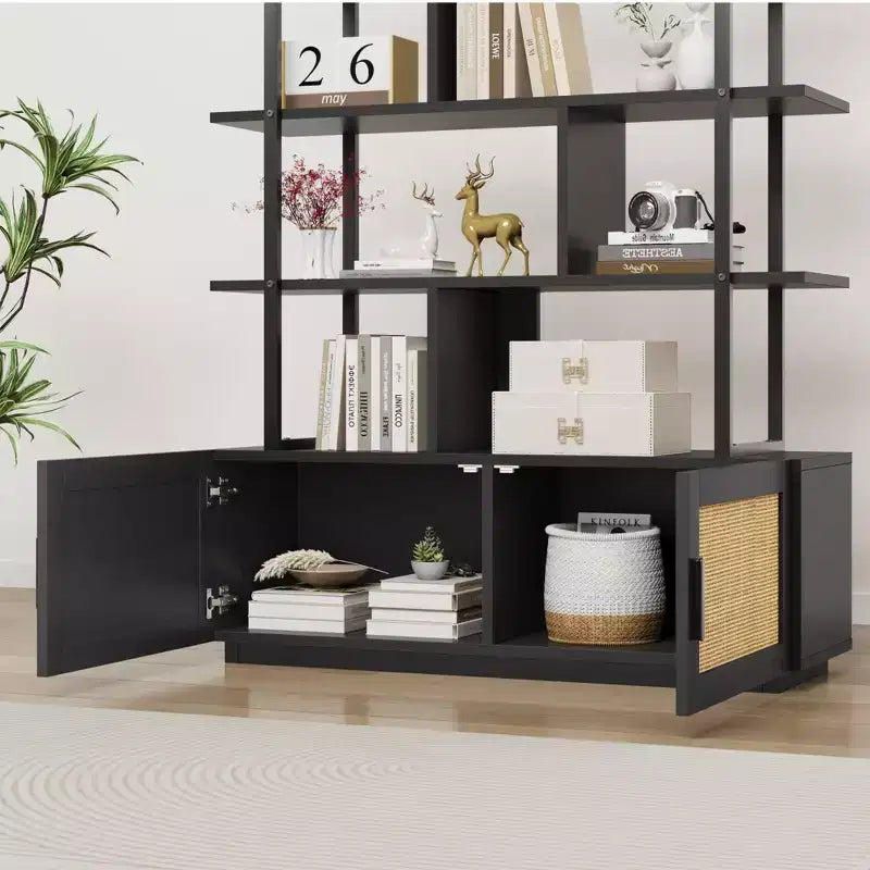 Libreria in Rattan, alta 71,1, scaffale industriale a 5 ripiani con mobiletto e anta, mensole a vista, struttura in metallo, scaffale in stile rustico/boho