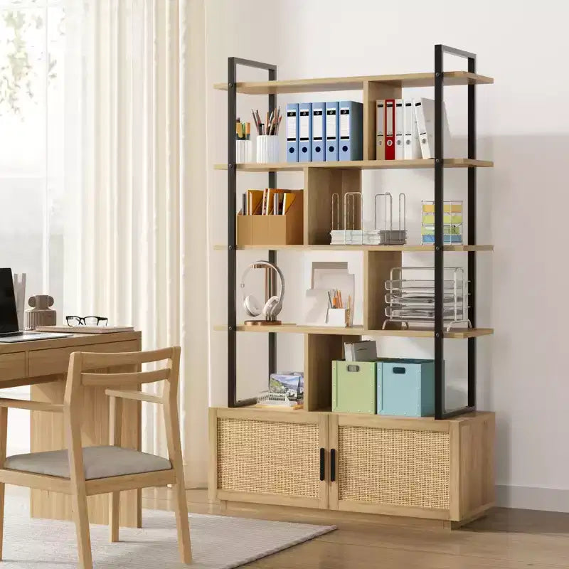 Libreria in Rattan, alta 71,1, scaffale industriale a 5 ripiani con mobiletto e anta, mensole a vista, struttura in metallo, scaffale in stile rustico/boho