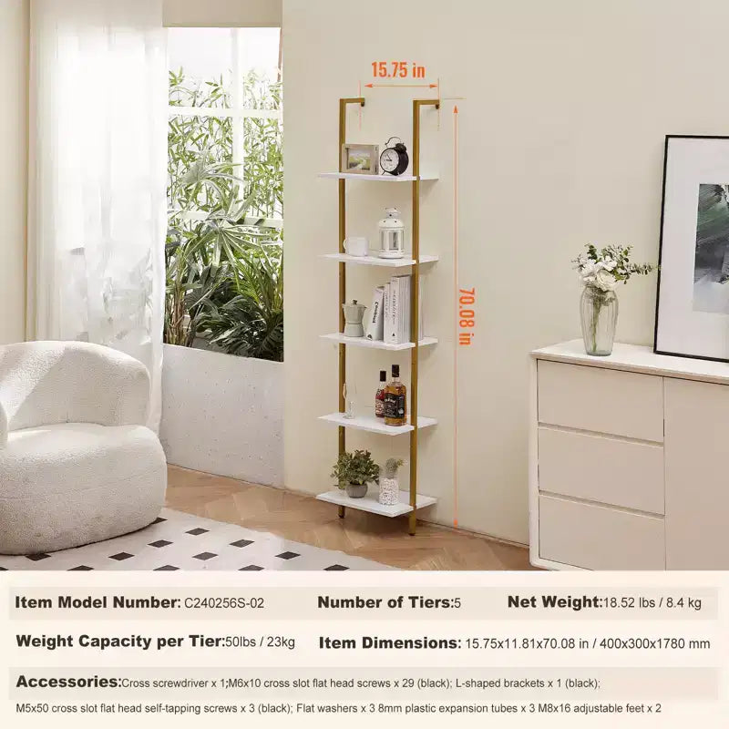 VEVOR Scaffale a Scala, Libreria a 5 Ripiani 39,6x30 cm, Scaffale a Scala Aperto a Parete con Telaio in Metallo, Porta Oggetti, Oro Bianco