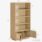 Libreria a 5 Ripiani in Legno con Ante in Rattan - Scaffale Boho Alto 160 cm con Mobile Contenitore in Legno Naturale e Rattan Intrecciato