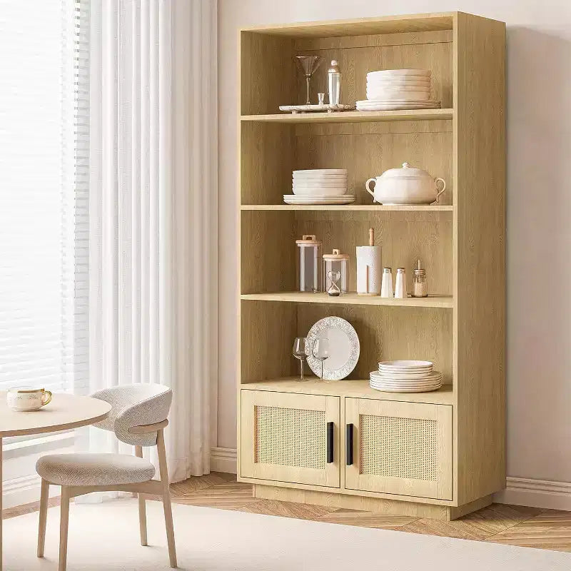 Libreria a 5 Ripiani in Legno con Ante in Rattan - Scaffale Boho Alto 160 cm con Mobile Contenitore in Legno Naturale e Rattan Intrecciato