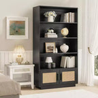 Libreria a 5 Ripiani in Legno con Ante in Rattan - Scaffale Boho Alto 160 cm con Mobile Contenitore in Legno Naturale e Rattan Intrecciato