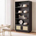 Libreria a 5 Ripiani in Legno con Ante in Rattan - Scaffale Boho Alto 160 cm con Mobile Contenitore in Legno Naturale e Rattan Intrecciato