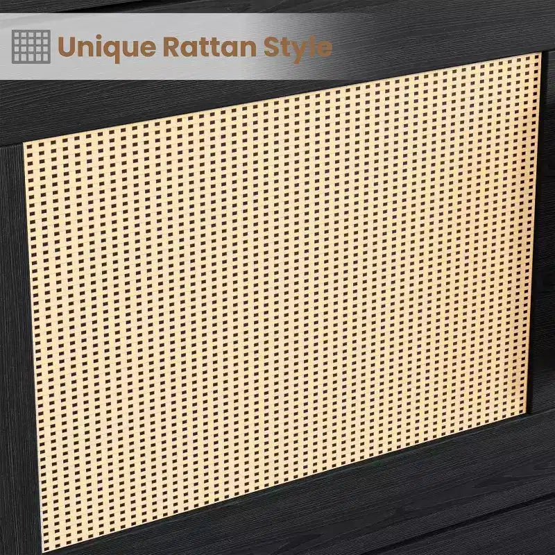 Libreria a 5 Ripiani in Legno con Ante in Rattan - Scaffale Boho Alto 160 cm con Mobile Contenitore in Legno Naturale e Rattan Intrecciato