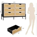 Comò con 6 cassetti in rattan naturale, cassettiera in legno, armadietto contenitore rustico con gambe in metallo, cassettiera moderna per camera da letto, soggiorno