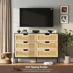 Comò con 6 cassetti in rattan naturale, cassettiera in legno, armadietto contenitore rustico con gambe in metallo, cassettiera moderna per camera da letto, soggiorno