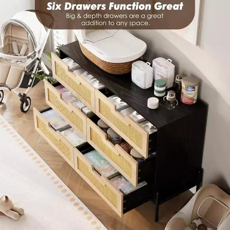 Comò con 6 cassetti in rattan naturale, cassettiera in legno, armadietto contenitore rustico con gambe in metallo, cassettiera moderna per camera da letto, soggiorno