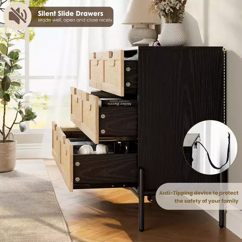 Comò con 6 cassetti in rattan naturale, cassettiera in legno, armadietto contenitore rustico con gambe in metallo, cassettiera moderna per camera da letto, soggiorno