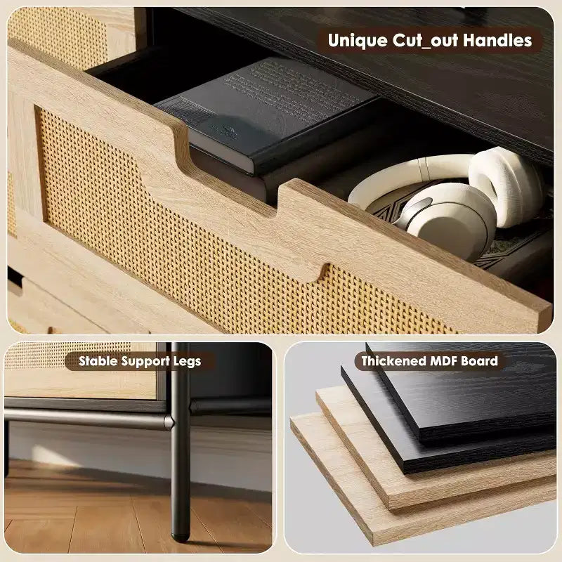 Comò con 6 cassetti in rattan naturale, cassettiera in legno, armadietto contenitore rustico con gambe in metallo, cassettiera moderna per camera da letto, soggiorno