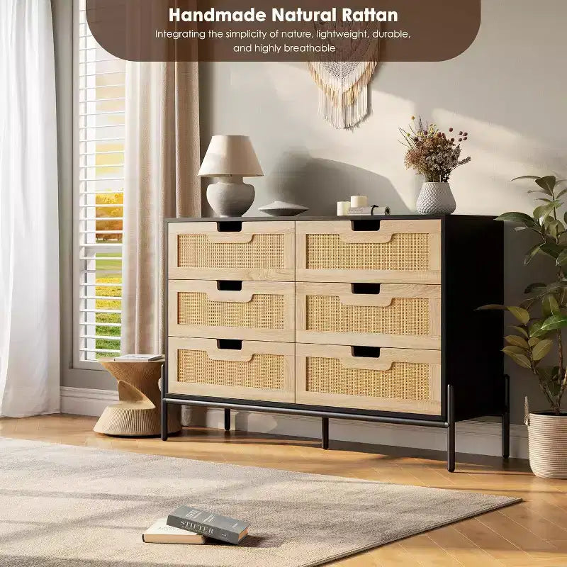 Comò con 6 cassetti in rattan naturale, cassettiera in legno, armadietto contenitore rustico con gambe in metallo, cassettiera moderna per camera da letto, soggiorno