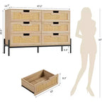 Comò con 6 cassetti in rattan naturale, cassettiera in legno, armadietto contenitore rustico con gambe in metallo, cassettiera moderna per camera da letto, soggiorno