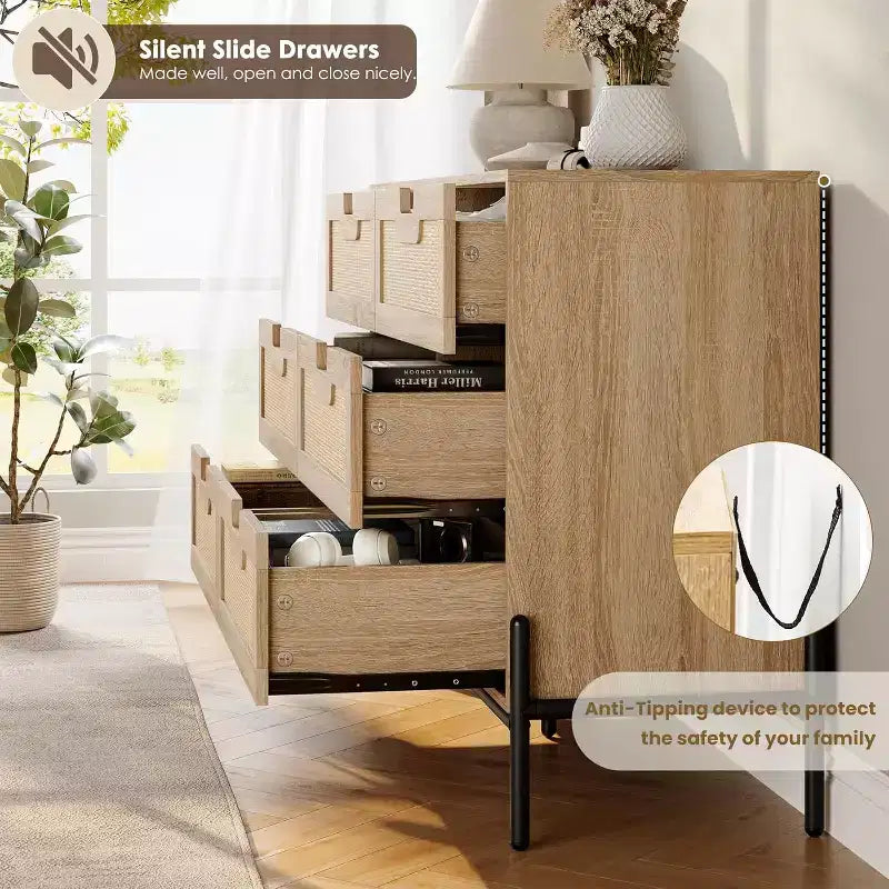 Comò con 6 cassetti in rattan naturale, cassettiera in legno, armadietto contenitore rustico con gambe in metallo, cassettiera moderna per camera da letto, soggiorno