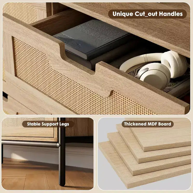Comò con 6 cassetti in rattan naturale, cassettiera in legno, armadietto contenitore rustico con gambe in metallo, cassettiera moderna per camera da letto, soggiorno