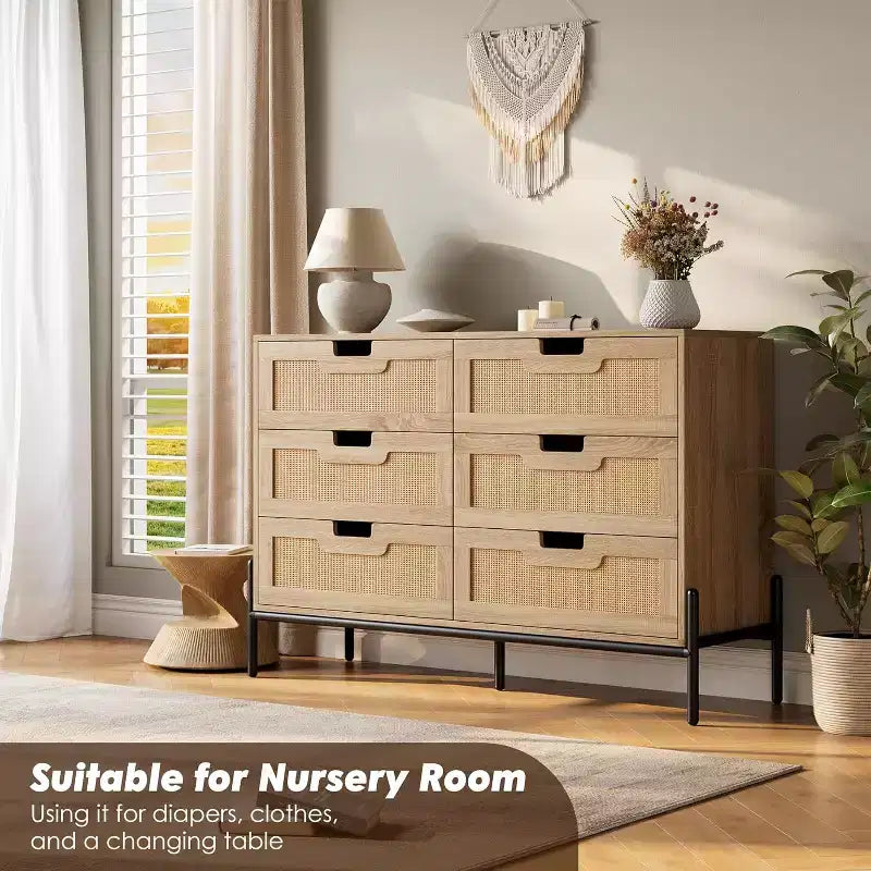 Comò con 6 cassetti in rattan naturale, cassettiera in legno, armadietto contenitore rustico con gambe in metallo, cassettiera moderna per camera da letto, soggiorno