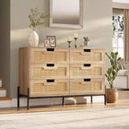 Comò con 6 cassetti in rattan naturale, cassettiera in legno, armadietto contenitore rustico con gambe in metallo, cassettiera moderna per camera da letto, soggiorno