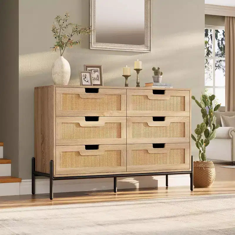 Comò con 6 cassetti in rattan naturale, cassettiera in legno, armadietto contenitore rustico con gambe in metallo, cassettiera moderna per camera da letto, soggiorno