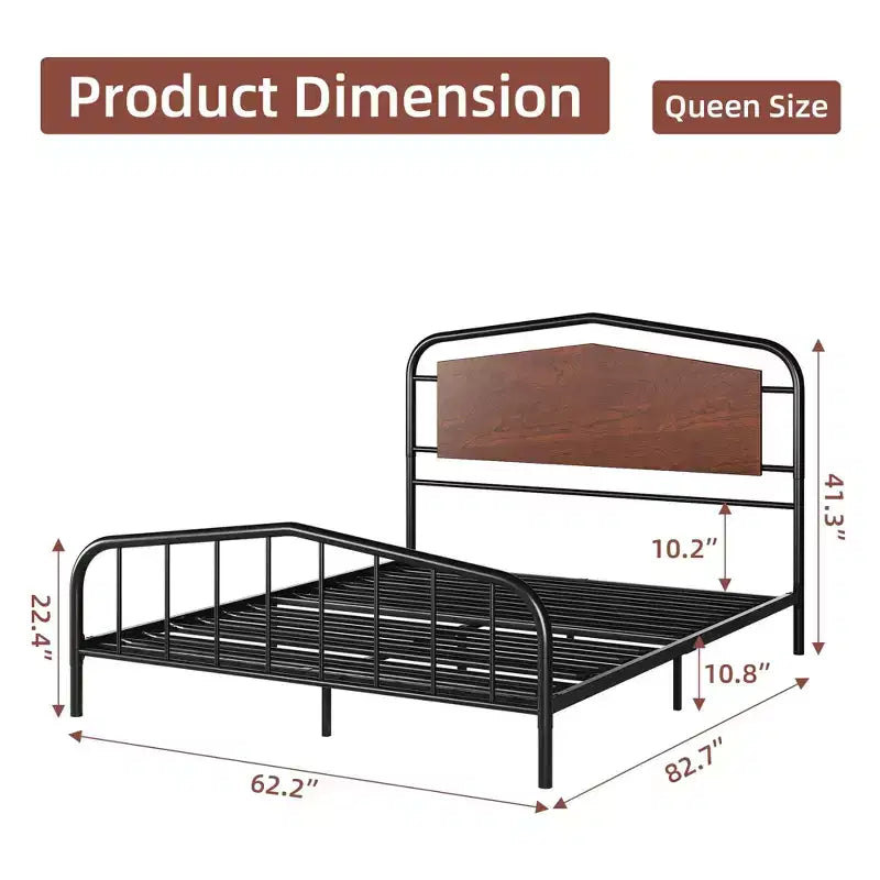 Struttura letto in metallo con testiera in legno - Letto a piattaforma in ferro battuto, contenitore sotto il letto, facile montaggio per camera da letto in stile industriale