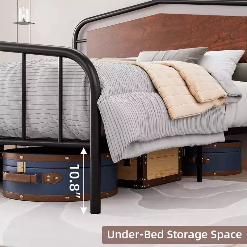 Struttura letto in metallo con testiera in legno - Letto a piattaforma in ferro battuto, contenitore sotto il letto, facile montaggio per camera da letto in stile industriale
