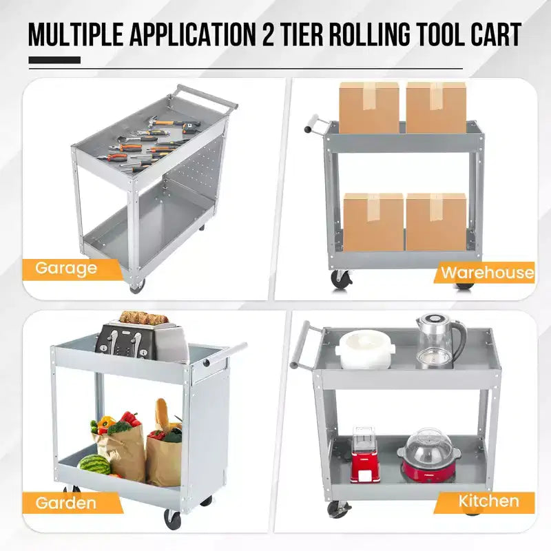 Carrello Portautensili a 2 Ripiani, Carrello Portautensili con Ruote Capacità 180 kg, Carrello di Servizio Resistente con Pannello Forato, Carrello Portautensili da Meccanico