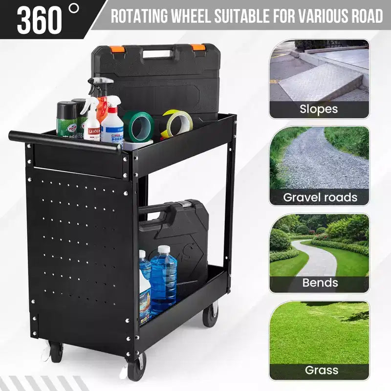 Carrello Portautensili a 2 Ripiani, Carrello Portautensili con Ruote Capacità 180 kg, Carrello di Servizio Resistente con Pannello Forato, Carrello Portautensili da Meccanico